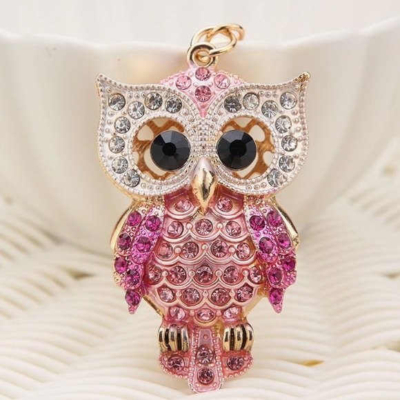 Gold and Pink Rhinestone Owl Keychain - Picture 2 of 4